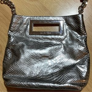 Michael Kors Metallic Silver Faux Leather, chain/strap, EUC